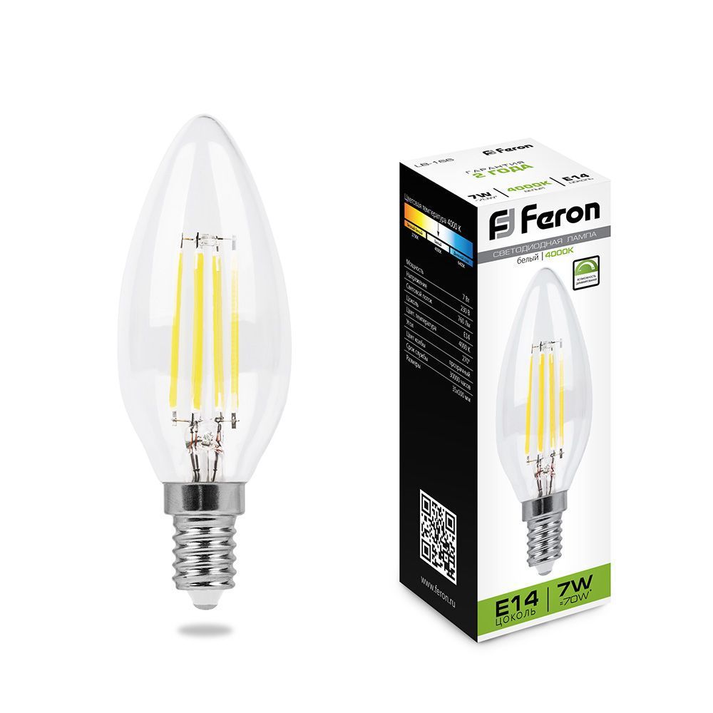 Лампа светодиодная филаментная диммируемая Feron Е14 7W 4000K Свеча Прозрачная LB-166 25871